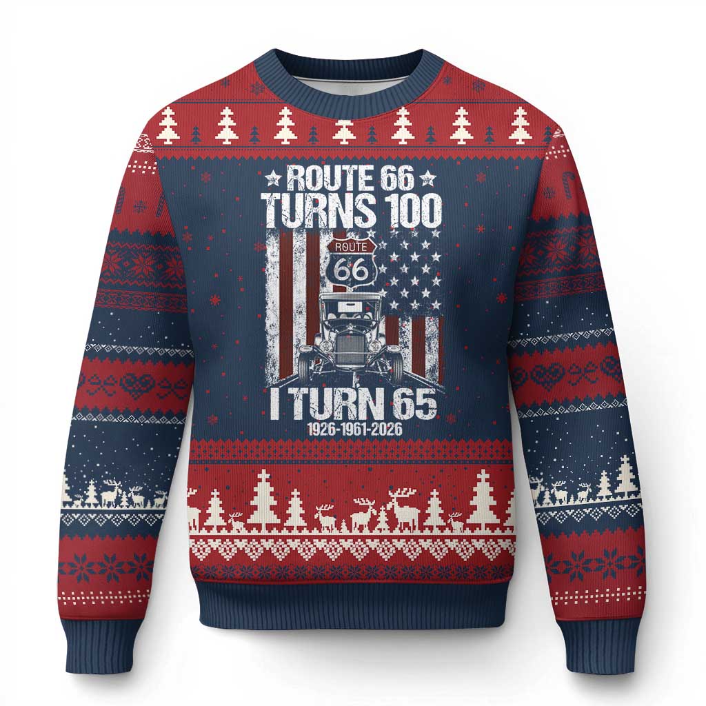 Route Highway 66 Turns 100 I Turn 65 Ugly Christmas Sweater Vintage 1961 America Road Sign America Antique Car Lover 65th Birthday Gift