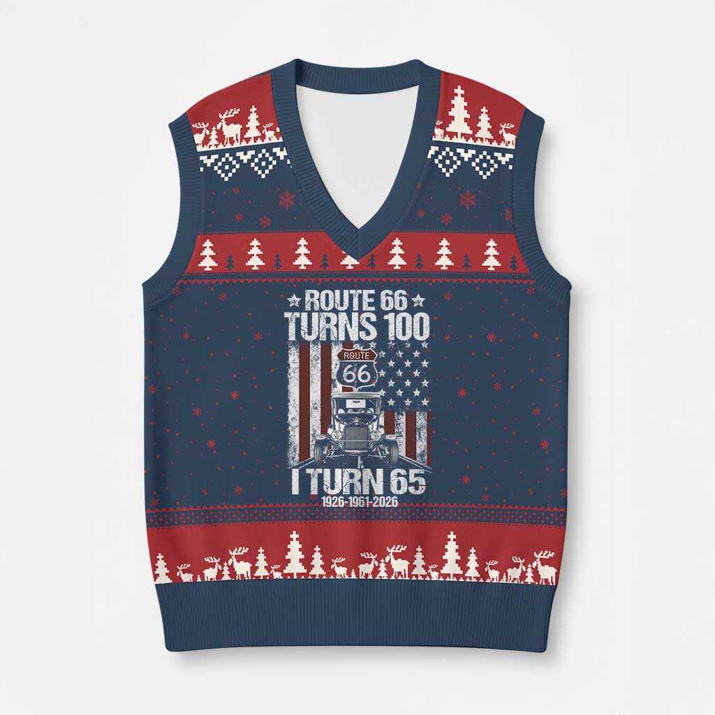 Route Highway 66 Turns 100 I Turn 65 V-Neck Knit Sweater Vest Vintage 1961 America Road Sign America Antique Car Lover 65th Birthday Gift