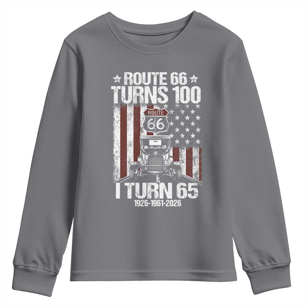 Route Highway 66 Turns 100 I Turn 65 Youth Sweatshirt Vintage 1961 America Road Sign America Antique Car Lover 65th Birthday Gift