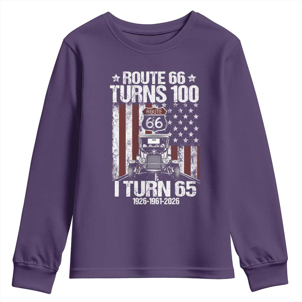 Route Highway 66 Turns 100 I Turn 65 Youth Sweatshirt Vintage 1961 America Road Sign America Antique Car Lover 65th Birthday Gift