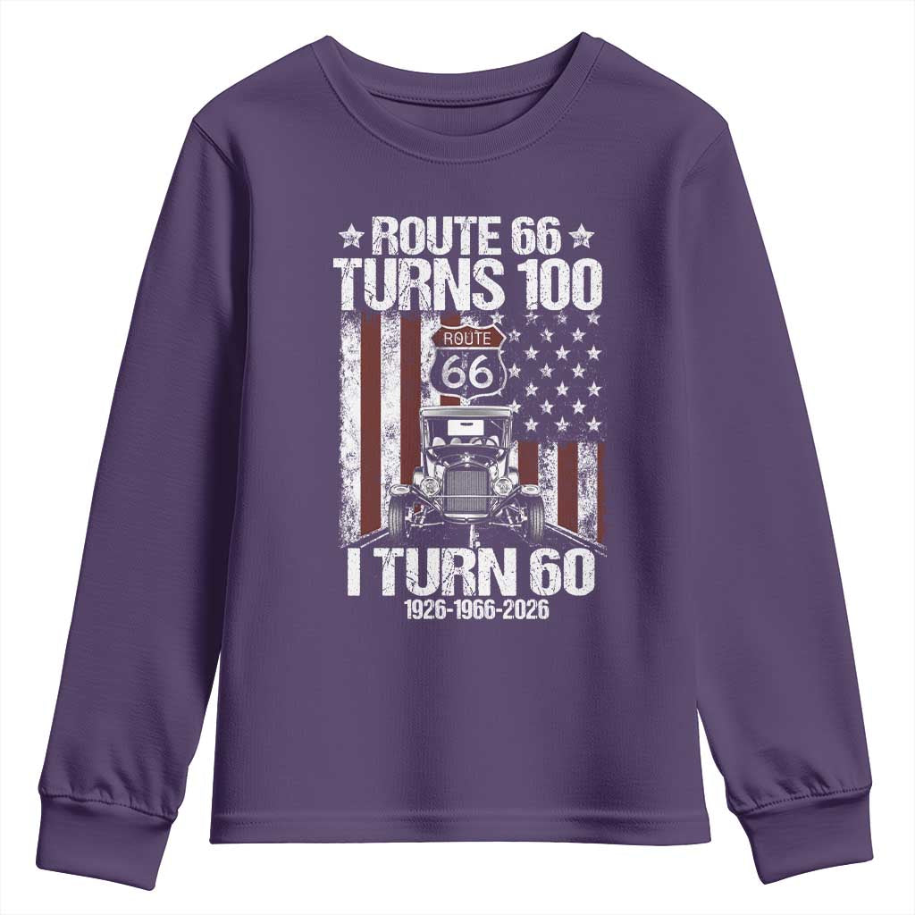Route Highway 66 Turns 100 I Turn 60 Youth Sweatshirt Vintage 1966 America Road Sign America Antique Car Lover 60th Birthday Gift