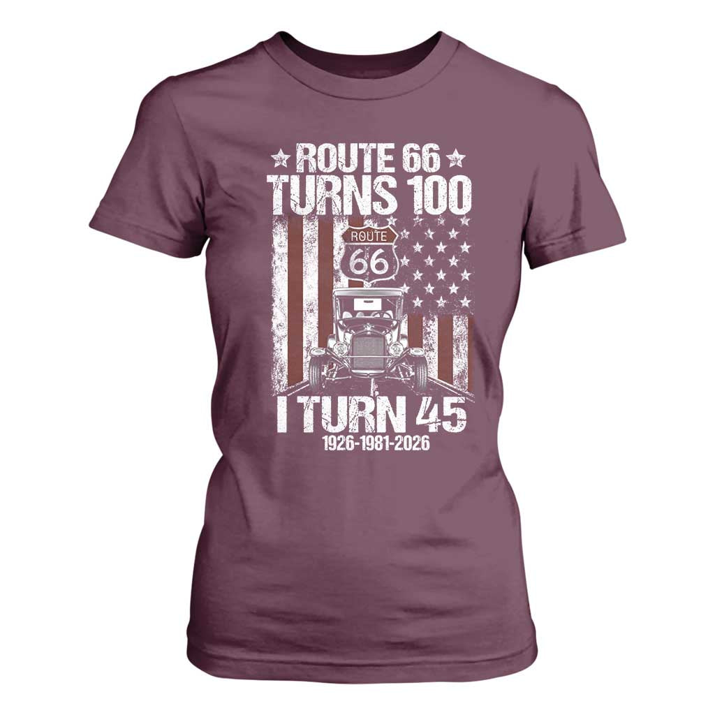 Route Highway 66 Turns 100 I Turn 45 T Shirt For Women Vintage 1981 America Road Sign America Antique Car Lover 45th Birthday Gift
