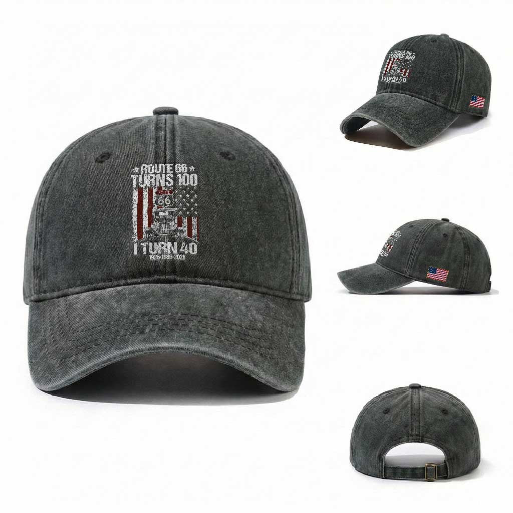 Route Highway 66 Turns 100 I Turn 40 Washed Cotton Baseball Cap Vintage 1986 America Road Sign America Antique Car Lover 40th Birthday Gift