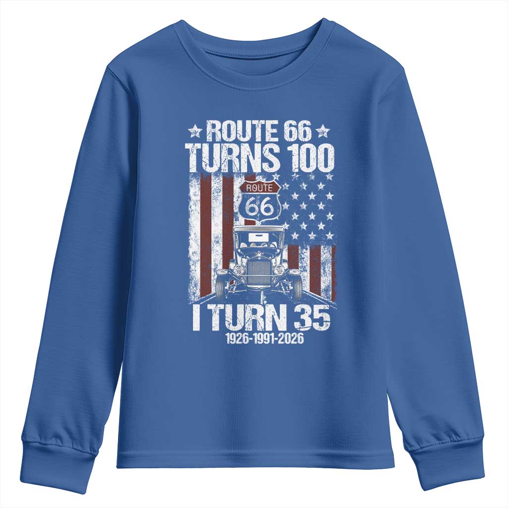 Route Highway 66 Turns 100 I Turn 35 Youth Sweatshirt Vintage 1991 America Road Sign America Antique Car Lover 35th Birthday Gift
