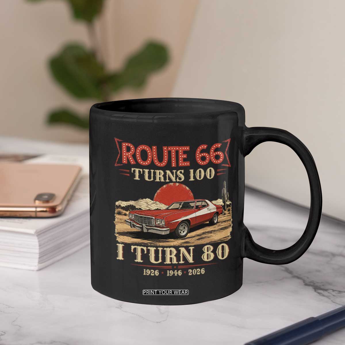 Route Highway 66 Turns 100 I Turn 80 Coffee Mug Vintage 1946 Road Sign 80th Birthday Muscle Car Lover Gift