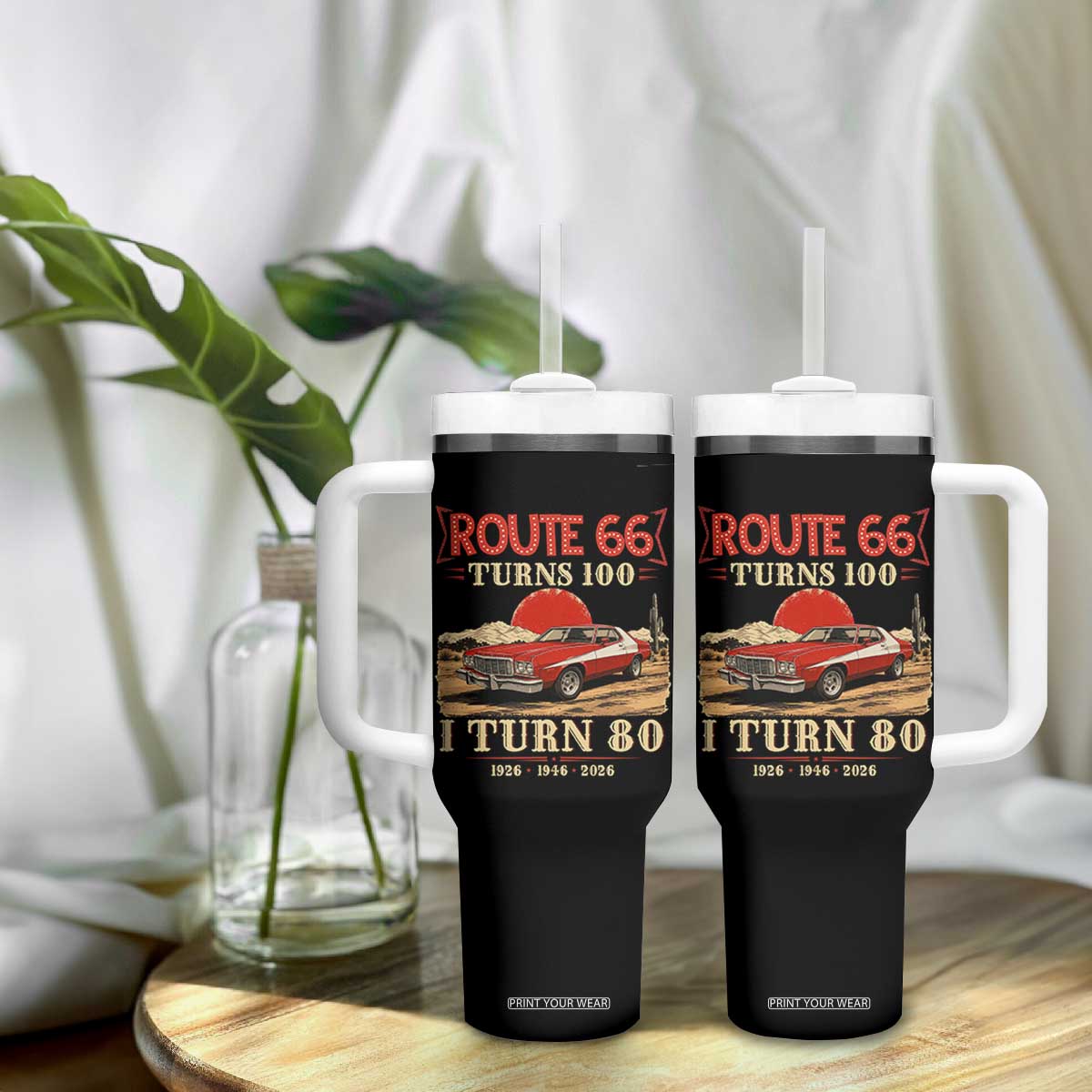 Route Highway 66 Turns 100 I Turn 80 Tumbler With Handle Vintage 1946 Road Sign 80th Birthday Muscle Car Lover Gift
