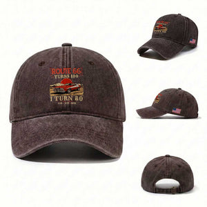 Route Highway 66 Turns 100 I Turn 80 Washed Cotton Baseball Cap Vintage 1946 Road Sign 80th Birthday Muscle Car Lover Gift