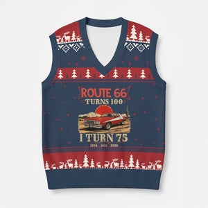 Route Highway 66 Turns 100 I Turn 75 V-Neck Knit Sweater Vest Vintage 1951 Road Sign 75th Birthday Muscle Car Lover Gift