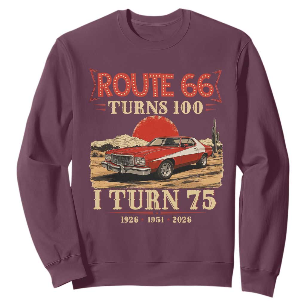 Route Highway 66 Turns 100 I Turn 75 Sweatshirt Vintage 1951 Road Sign 75th Birthday Muscle Car Lover Gift