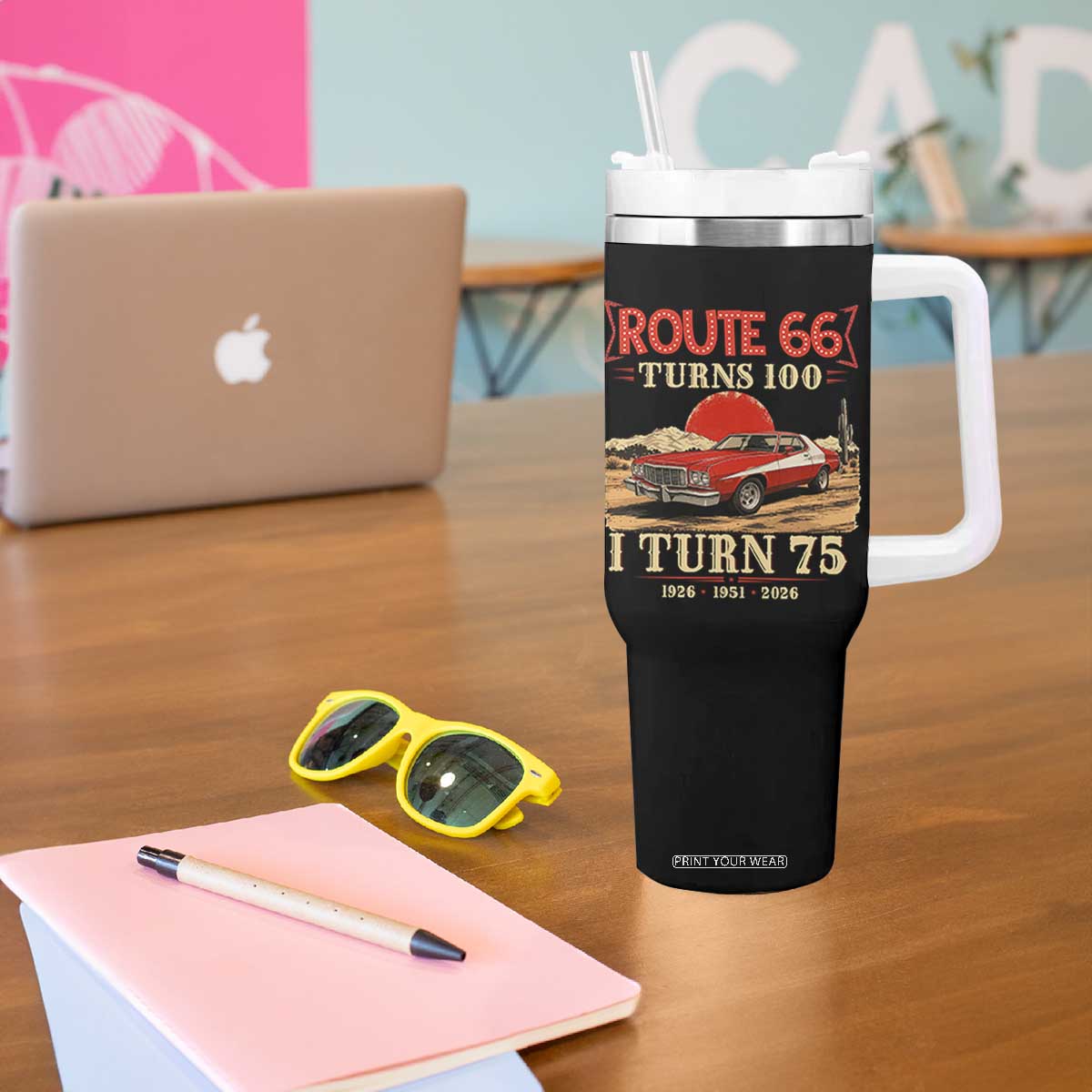 Route Highway 66 Turns 100 I Turn 75 Tumbler With Handle Vintage 1951 Road Sign 75th Birthday Muscle Car Lover Gift