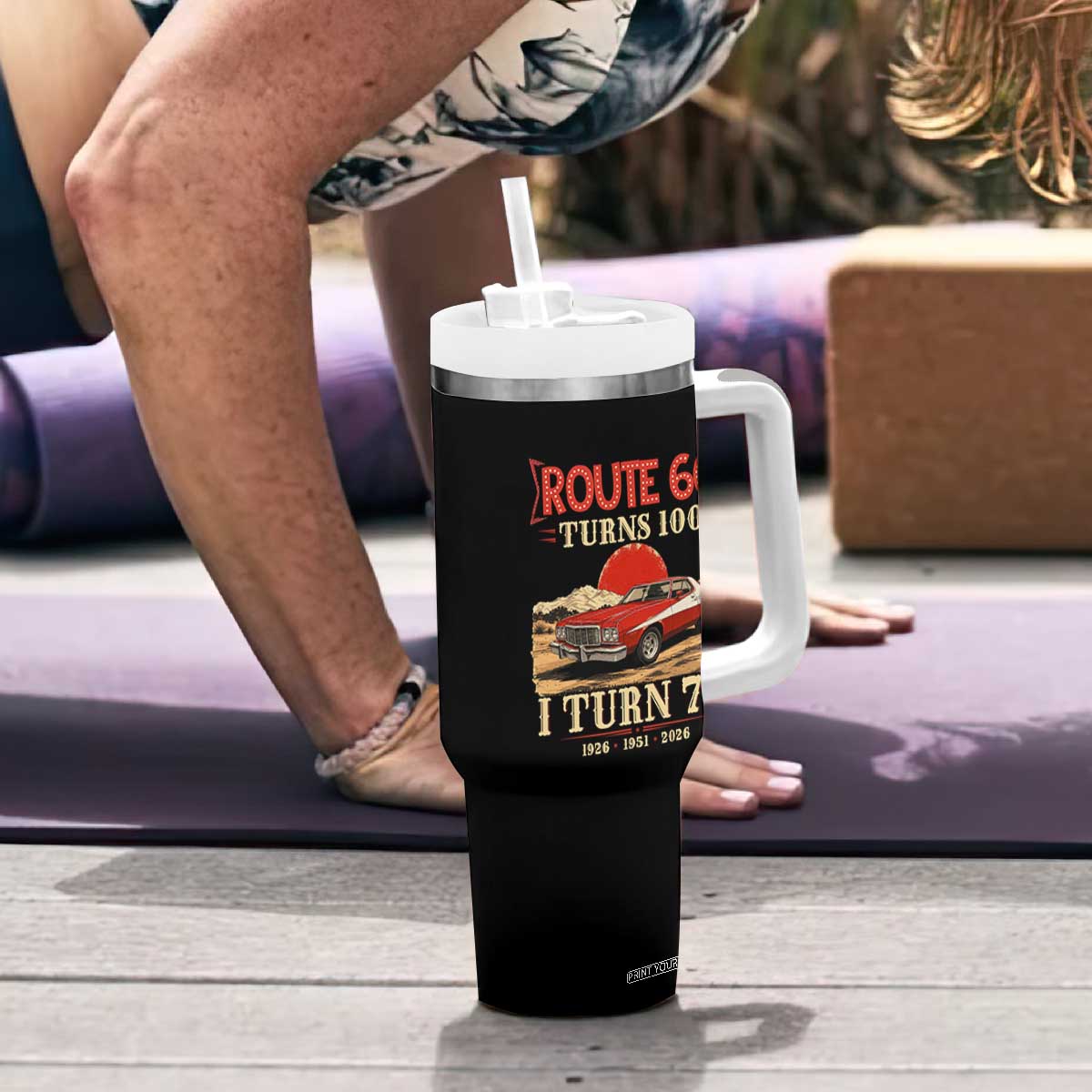 Route Highway 66 Turns 100 I Turn 75 Tumbler With Handle Vintage 1951 Road Sign 75th Birthday Muscle Car Lover Gift