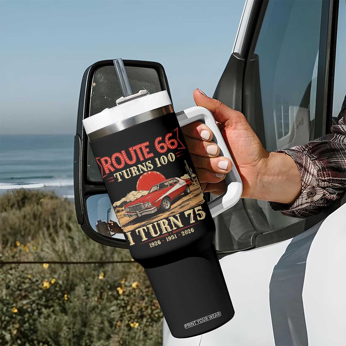 Route Highway 66 Turns 100 I Turn 75 Tumbler With Handle Vintage 1951 Road Sign 75th Birthday Muscle Car Lover Gift
