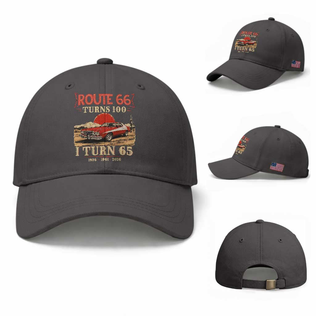 Route Highway 66 Turns 100 I Turn 65 Baseball Cap Vintage 1961 Road Sign 65th Birthday Muscle Car Lover Gift