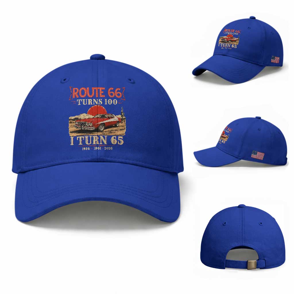 Route Highway 66 Turns 100 I Turn 65 Baseball Cap Vintage 1961 Road Sign 65th Birthday Muscle Car Lover Gift