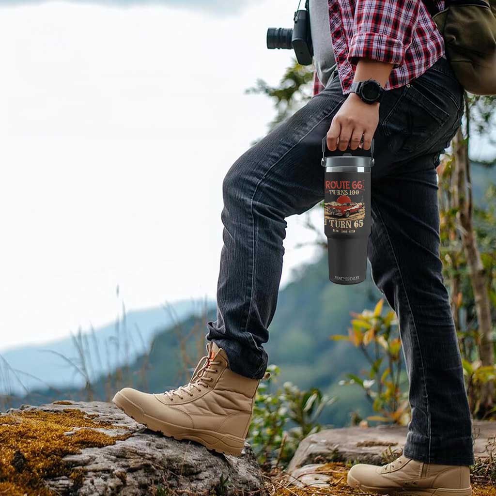 Route Highway 66 Turns 100 I Turn 65 Flip Straw Tumbler Vintage 1961 Road Sign 65th Birthday Muscle Car Lover Gift