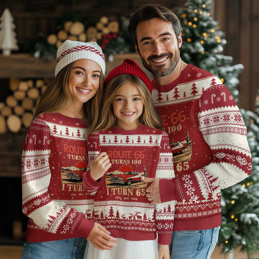 Route Highway 66 Turns 100 I Turn 65 Ugly Christmas Sweater Vintage 1961 Road Sign 65th Birthday Muscle Car Lover Gift