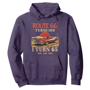 Route Highway 66 Turns 100 I Turn 65 Hoodie Vintage 1961 Road Sign 65th Birthday Muscle Car Lover Gift