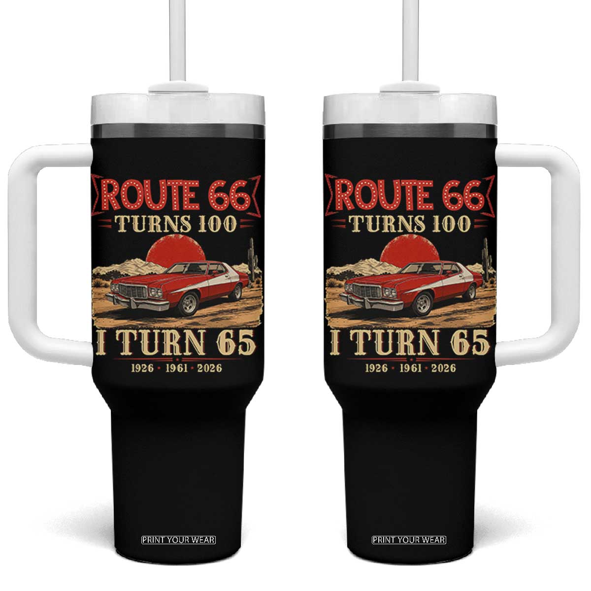 Route Highway 66 Turns 100 I Turn 65 Tumbler With Handle Vintage 1961 Road Sign 65th Birthday Muscle Car Lover Gift
