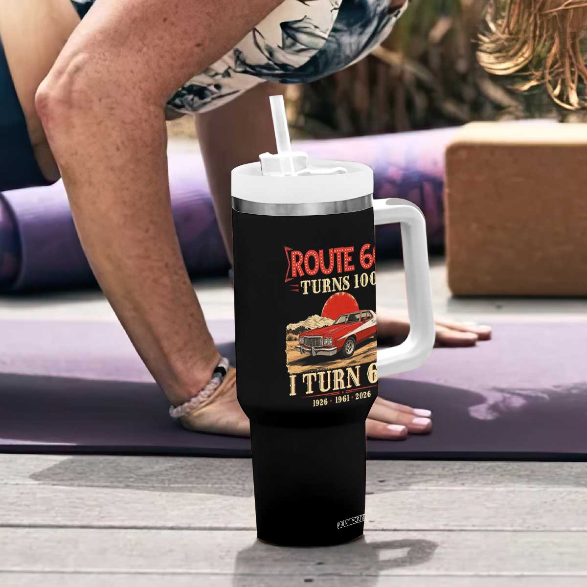 Route Highway 66 Turns 100 I Turn 65 Tumbler With Handle Vintage 1961 Road Sign 65th Birthday Muscle Car Lover Gift