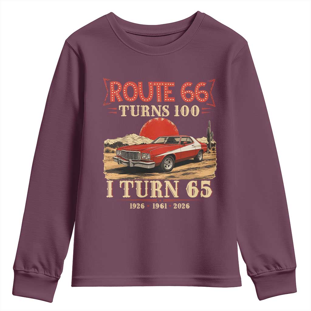 Route Highway 66 Turns 100 I Turn 65 Youth Sweatshirt Vintage 1961 Road Sign 65th Birthday Muscle Car Lover Gift