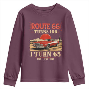 Route Highway 66 Turns 100 I Turn 65 Youth Sweatshirt Vintage 1961 Road Sign 65th Birthday Muscle Car Lover Gift