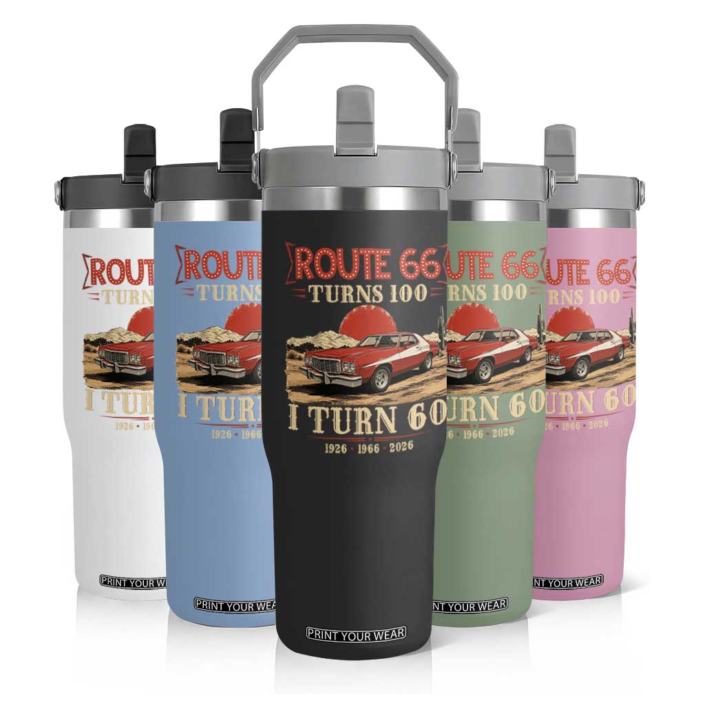 Route Highway 66 Turns 100 I Turn 60 Flip Straw Tumbler Vintage 1966 Road Sign 60th Birthday Muscle Car Lover Gift