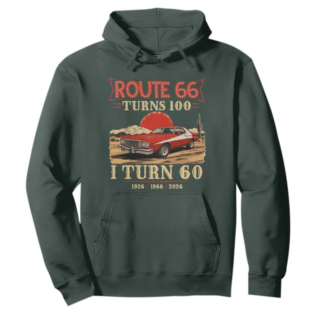 Route Highway 66 Turns 100 I Turn 60 Hoodie Vintage 1966 Road Sign 60th Birthday Muscle Car Lover Gift