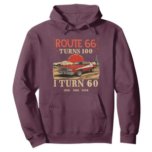 Route Highway 66 Turns 100 I Turn 60 Hoodie Vintage 1966 Road Sign 60th Birthday Muscle Car Lover Gift