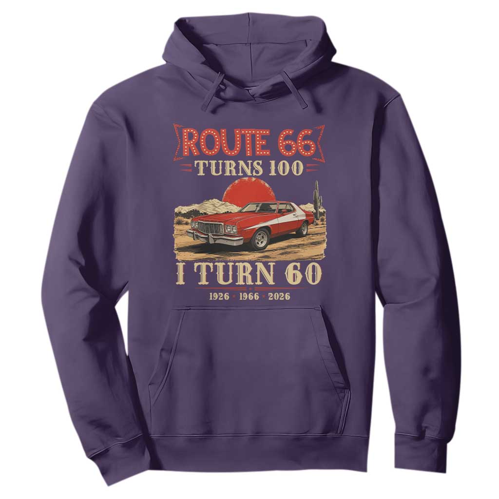 Route Highway 66 Turns 100 I Turn 60 Hoodie Vintage 1966 Road Sign 60th Birthday Muscle Car Lover Gift