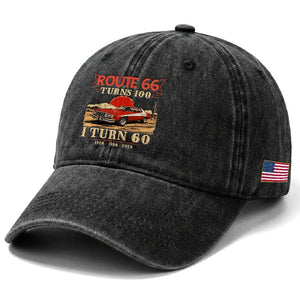 Route Highway 66 Turns 100 I Turn 60 Washed Cotton Baseball Cap Vintage 1966 Road Sign 60th Birthday Muscle Car Lover Gift