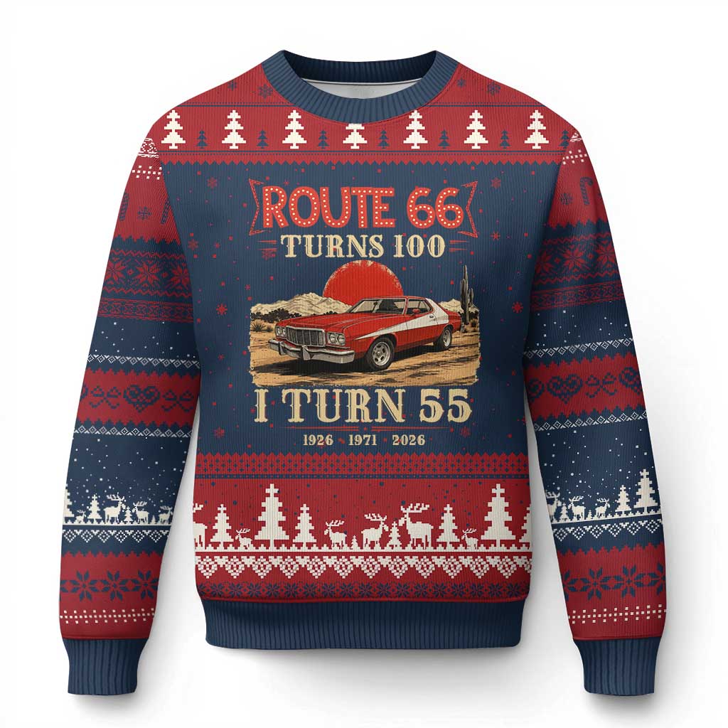 Route Highway 66 Turns 100 I Turn 55 Ugly Christmas Sweater Vintage 1971 Road Sign 55th Birthday Muscle Car Lover Gift