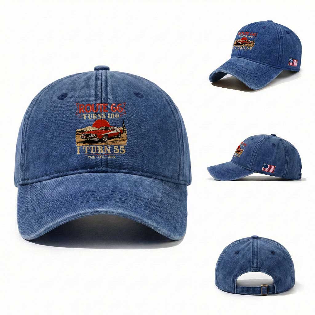 Route Highway 66 Turns 100 I Turn 55 Washed Cotton Baseball Cap Vintage 1971 Road Sign 55th Birthday Muscle Car Lover Gift