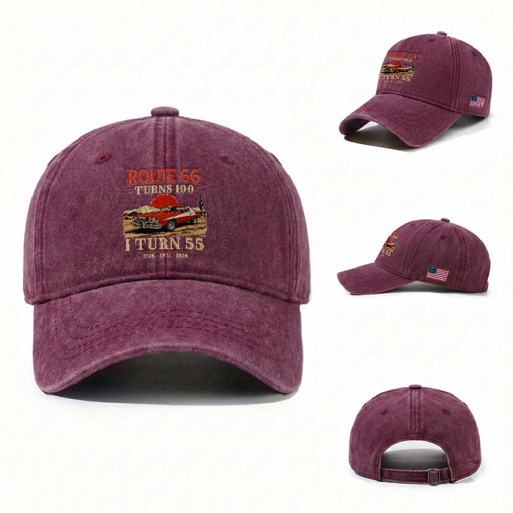 Route Highway 66 Turns 100 I Turn 55 Washed Cotton Baseball Cap Vintage 1971 Road Sign 55th Birthday Muscle Car Lover Gift