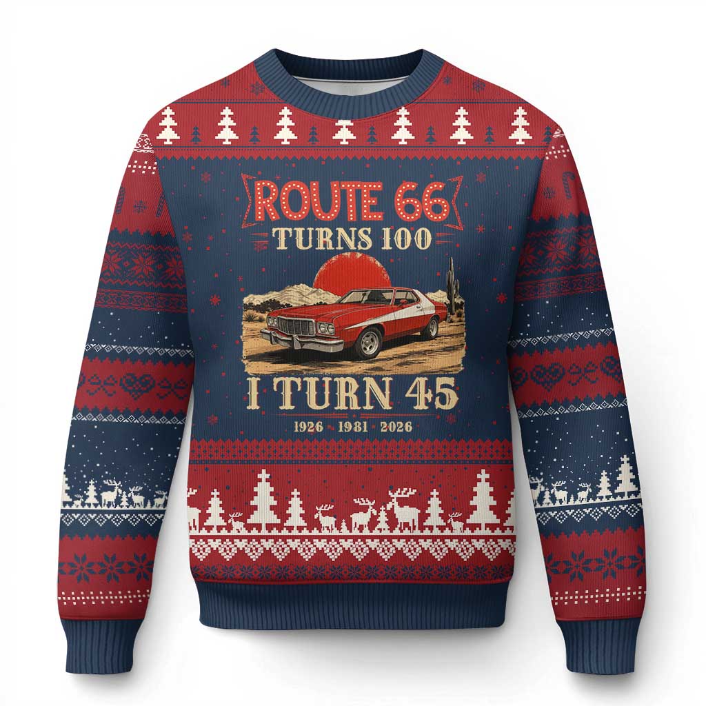 Route Highway 66 Turns 100 I Turn 45 Ugly Christmas Sweater Vintage 1981 Road Sign 45th Birthday Muscle Car Lover Gift TS14 Navy Red Print Your Wear