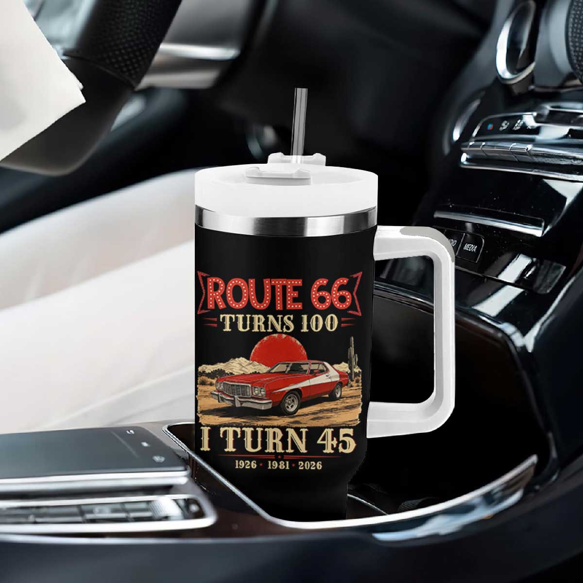 Route Highway 66 Turns 100 I Turn 45 Tumbler With Handle Vintage 1981 Road Sign 45th Birthday Muscle Car Lover Gift