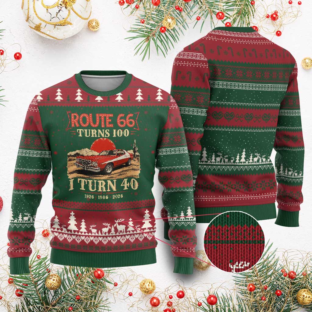 Route Highway 66 Turns 100 I Turn 40 Ugly Christmas Sweater Vintage 1986 Road Sign 40th Birthday Muscle Car Lover Gift