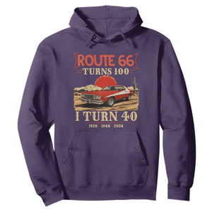 Route Highway 66 Turns 100 I Turn 40 Hoodie Vintage 1986 Road Sign 40th Birthday Muscle Car Lover Gift