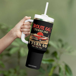 Route Highway 66 Turns 100 I Turn 40 Tumbler With Handle Vintage 1986 Road Sign 40th Birthday Muscle Car Lover Gift