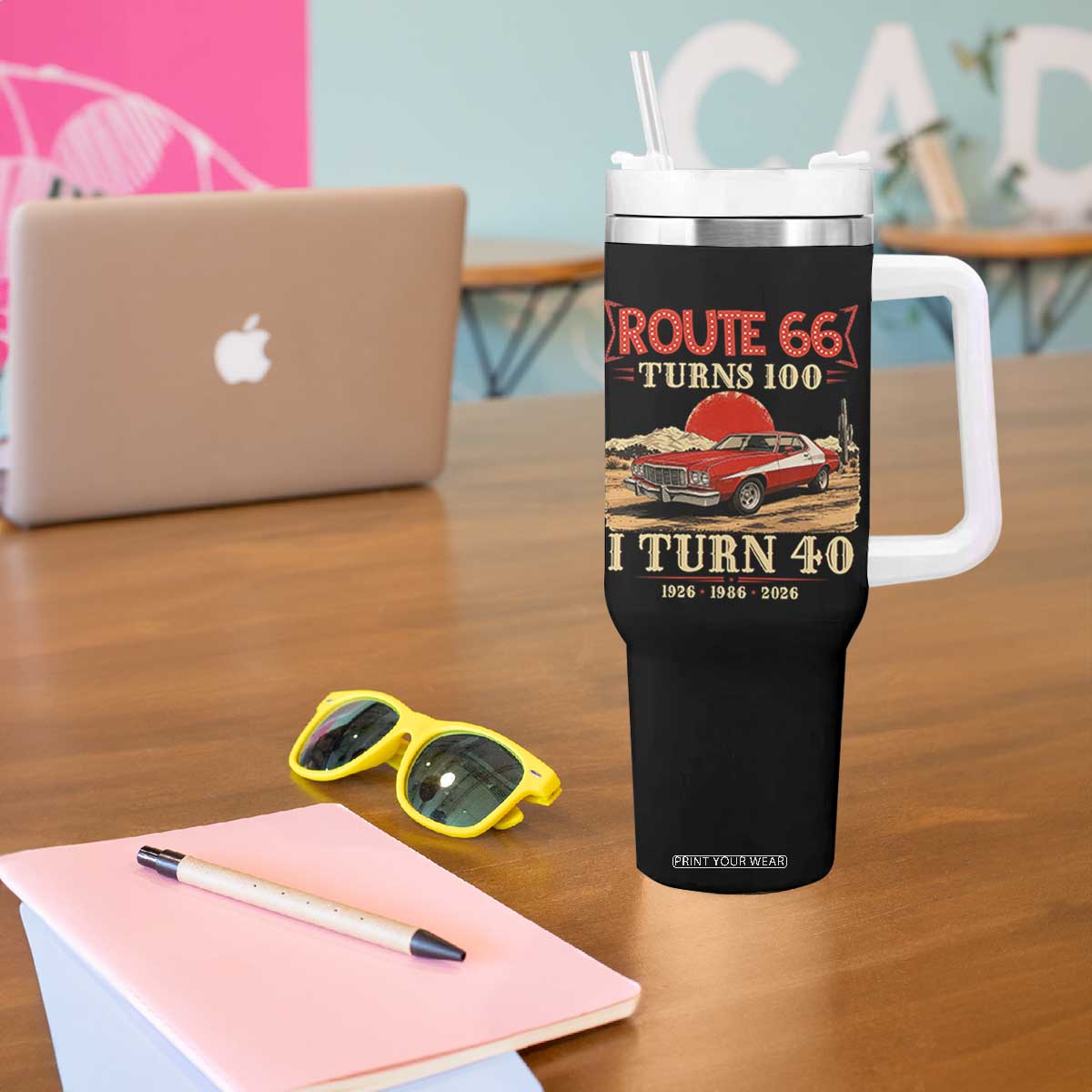 Route Highway 66 Turns 100 I Turn 40 Tumbler With Handle Vintage 1986 Road Sign 40th Birthday Muscle Car Lover Gift