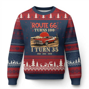Route Highway 66 Turns 100 I Turn 35 Ugly Christmas Sweater Vintage 1991 Road Sign 35th Birthday Muscle Car Lover Gift