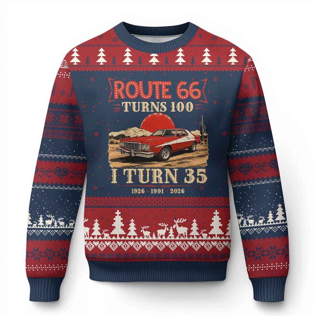 Route Highway 66 Turns 100 I Turn 35 Ugly Christmas Sweater Vintage 1991 Road Sign 35th Birthday Muscle Car Lover Gift TS14 Navy Red Print Your Wear