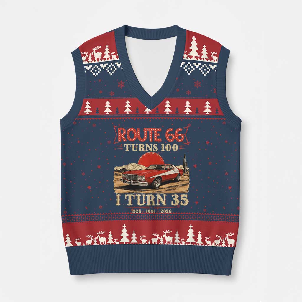 Route Highway 66 Turns 100 I Turn 35 V-Neck Knit Sweater Vest Vintage 1991 Road Sign 35th Birthday Muscle Car Lover Gift