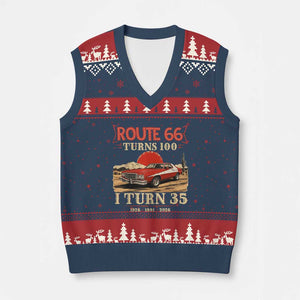 Route Highway 66 Turns 100 I Turn 35 V-Neck Knit Sweater Vest Vintage 1991 Road Sign 35th Birthday Muscle Car Lover Gift