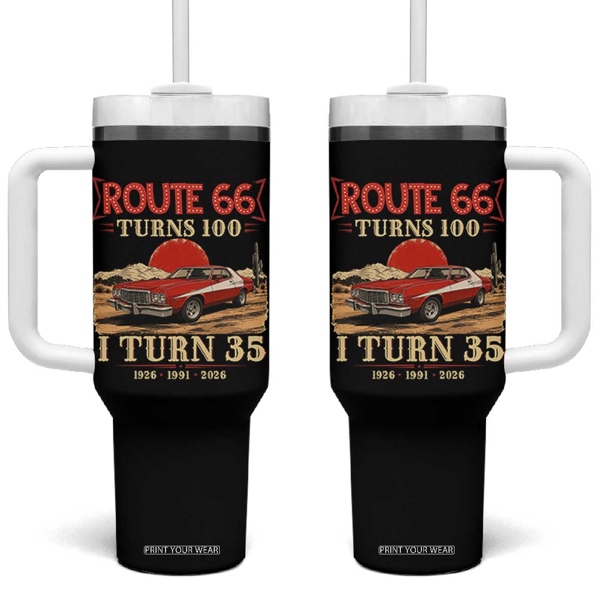 Route Highway 66 Turns 100 I Turn 35 Tumbler With Handle Vintage 1991 Road Sign 35th Birthday Muscle Car Lover Gift