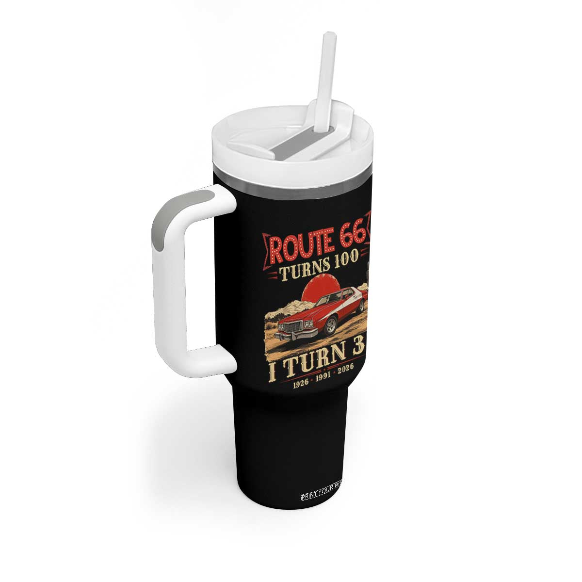 Route Highway 66 Turns 100 I Turn 35 Tumbler With Handle Vintage 1991 Road Sign 35th Birthday Muscle Car Lover Gift