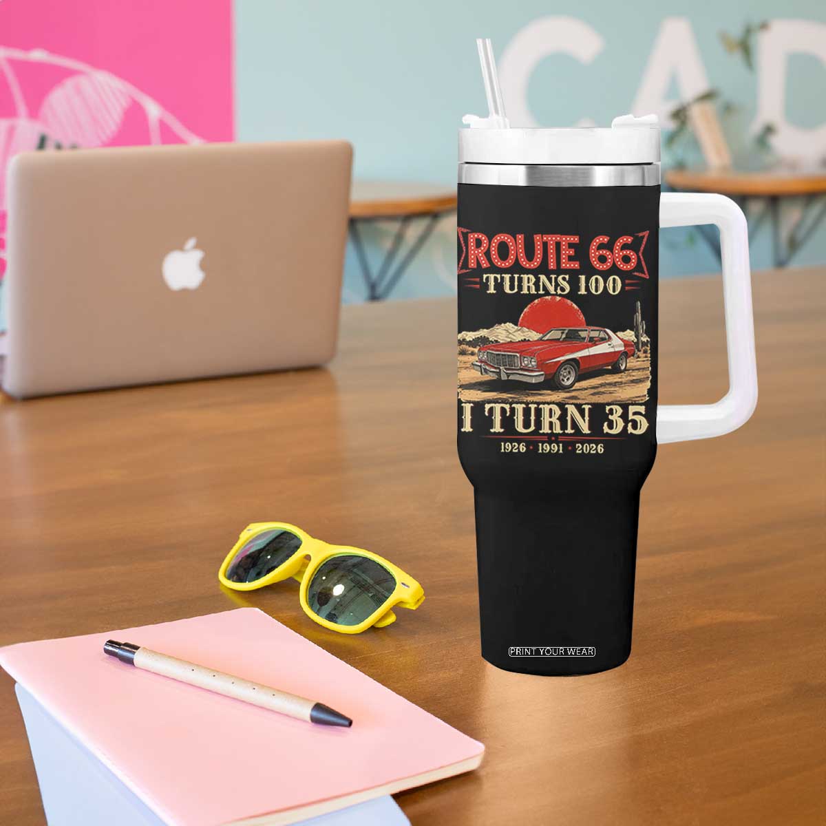 Route Highway 66 Turns 100 I Turn 35 Tumbler With Handle Vintage 1991 Road Sign 35th Birthday Muscle Car Lover Gift