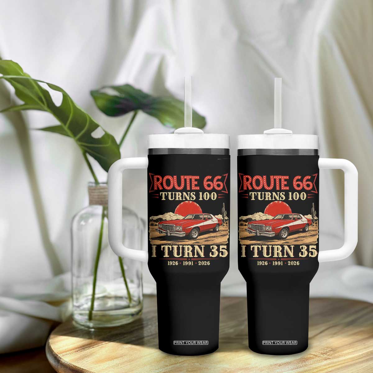 Route Highway 66 Turns 100 I Turn 35 Tumbler With Handle Vintage 1991 Road Sign 35th Birthday Muscle Car Lover Gift