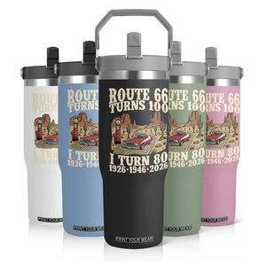Route Highway 66 Turns 100 I Turn 80 Flip Straw Tumbler Vintage 1946 Road Sign American Muscle Car Lover 80th Birthday Gift