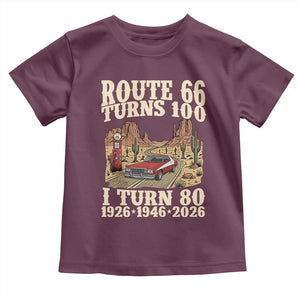 Route Highway 66 Turns 100 I Turn 80 Toddler T Shirt Vintage 1946 Road Sign American Muscle Car Lover 80th Birthday Gift