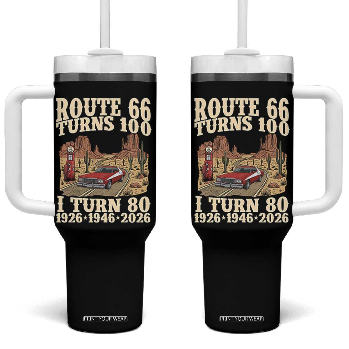 Route Highway 66 Turns 100 I Turn 80 Tumbler With Handle Vintage 1946 Road Sign American Muscle Car Lover 80th Birthday Gift